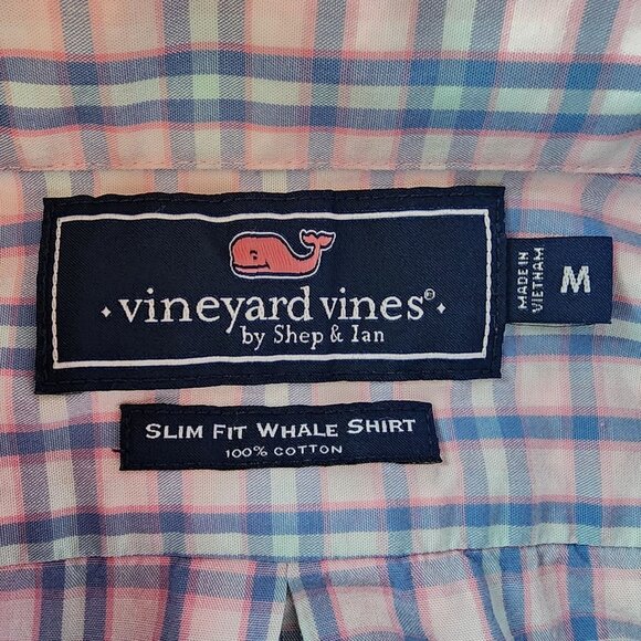 Vineyard Vines Mens Medium Whale Shirt Slim Fit Pink Aqua Blue Check Plaid Logo - Picture 6 of 9